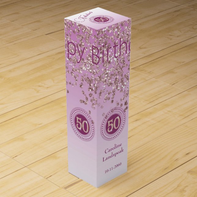 Elegant Falling Rose Gold Glitter 50th Birthday Wine Box (Front)