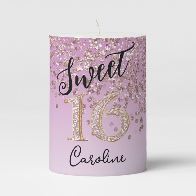 Elegant Falling Rose Gold Glitter Sweet 16 Pillar Candle (Front)