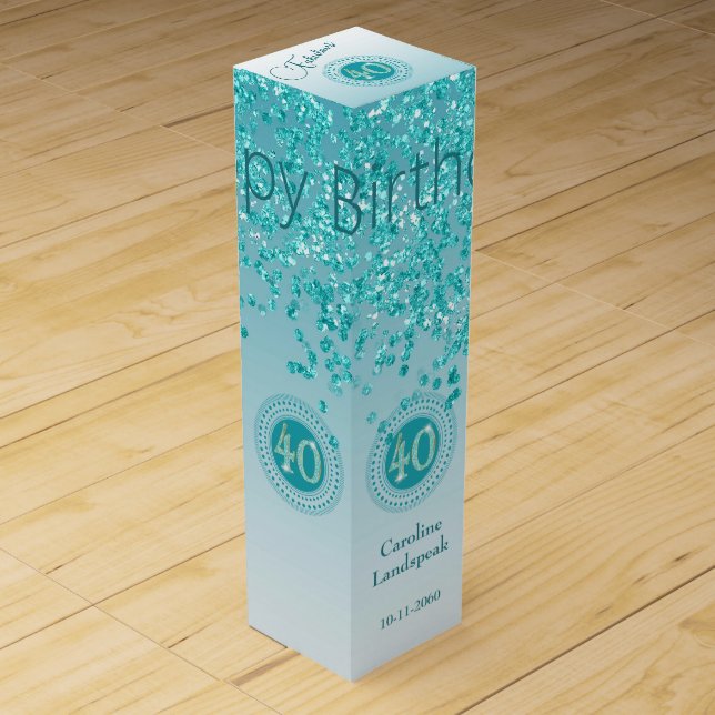 Elegant Falling Teal Blue Glitter 40th Birthday Wine Box (Front)