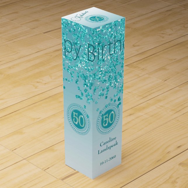Elegant Falling Teal Blue Glitter 50th Birthday Wine Box (Front)