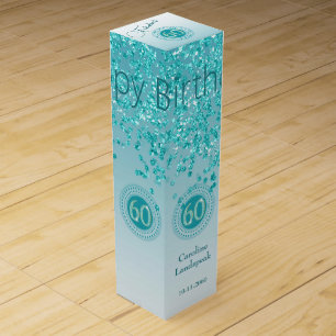 Elegant Falling Teal Blue Glitter 60th Birthday Wine Box