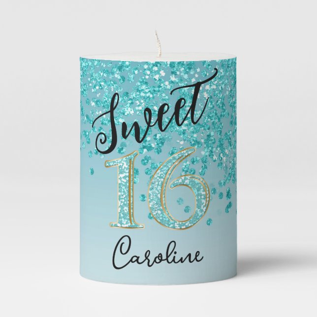 Elegant Falling Teal Blue Glitter Sweet 16 Pillar Candle (Front)