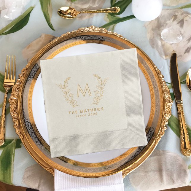 Elegant family botanical monogram and name gold foil napkins (Creator Uploaded)