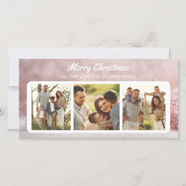 Elegant Family Christmas Greetings 3 Photo Collage Holiday Card (Front)