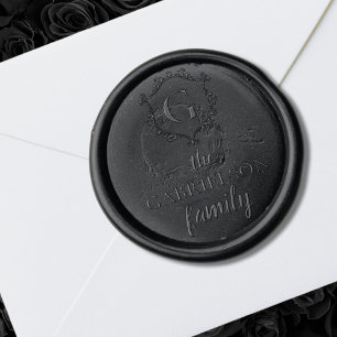 Elegant Family Crest Monogram & Name Black Wax Seal Sticker