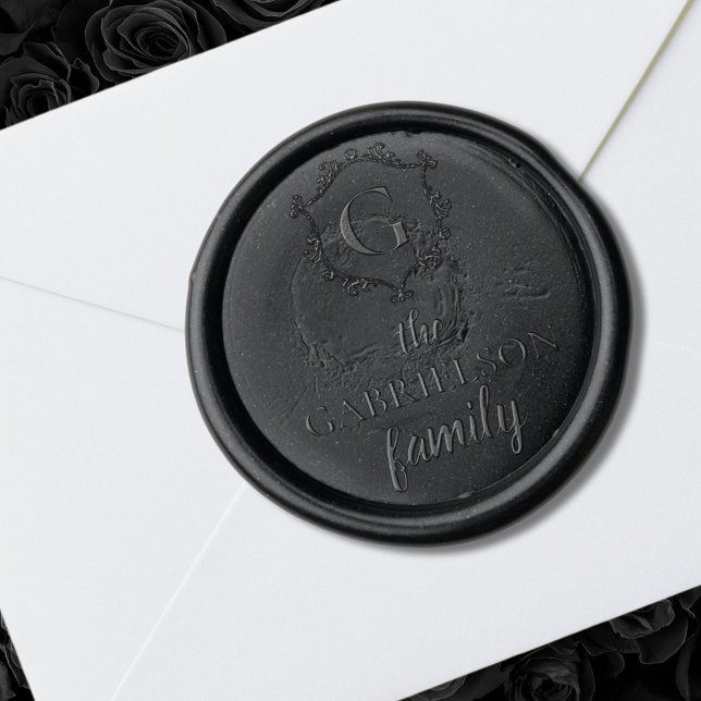 Elegant Family Crest Monogram & Name Black Wax Seal Sticker (Creator Uploaded)