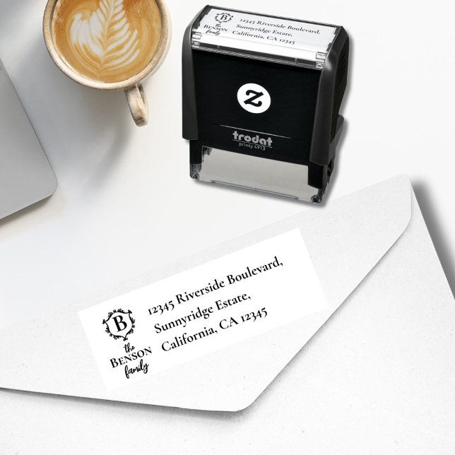 Elegant Family Crest Monogram & Name RTS Address Self-inking Stamp (Creator Uploaded)