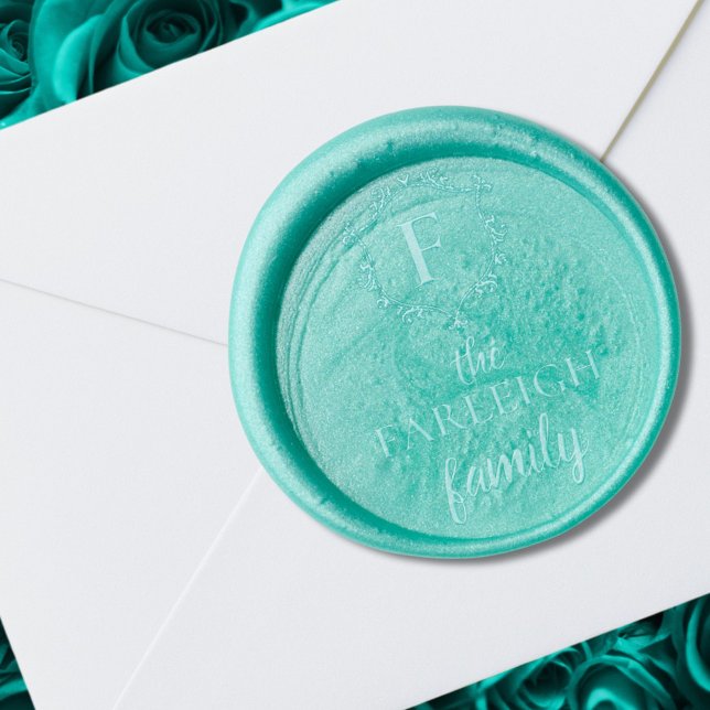 Elegant Family Crest Monogram & Name Turquois Wax Seal Sticker (Creator Uploaded)