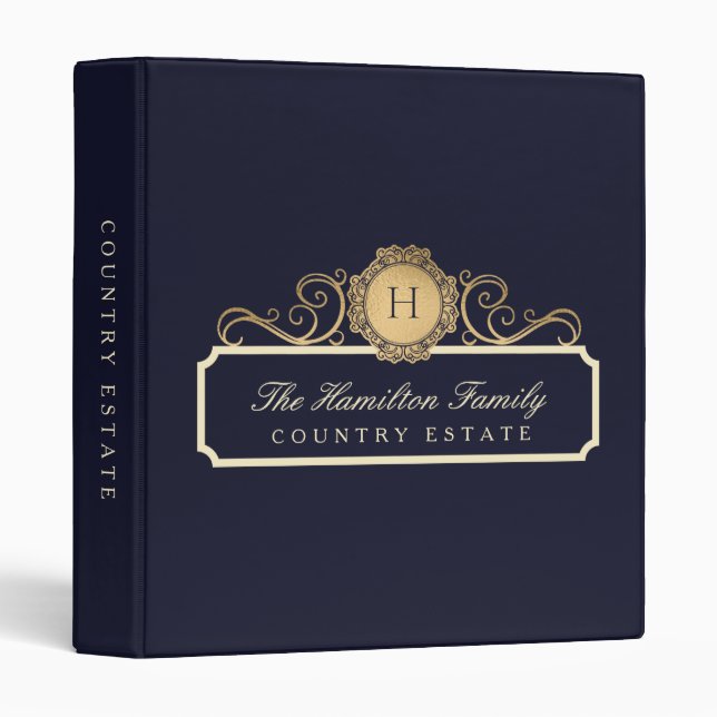Elegant Family Documents Home Office Gold Navy 3 Ring Binder (Front/Spine)