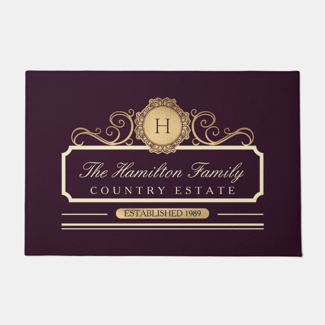 Elegant Family Home Gold Burgundy Plum Doormat (Front)