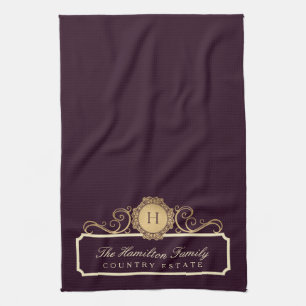 Elegant Family Home Monogram Burgundy Plum Wine Kitchen Towel