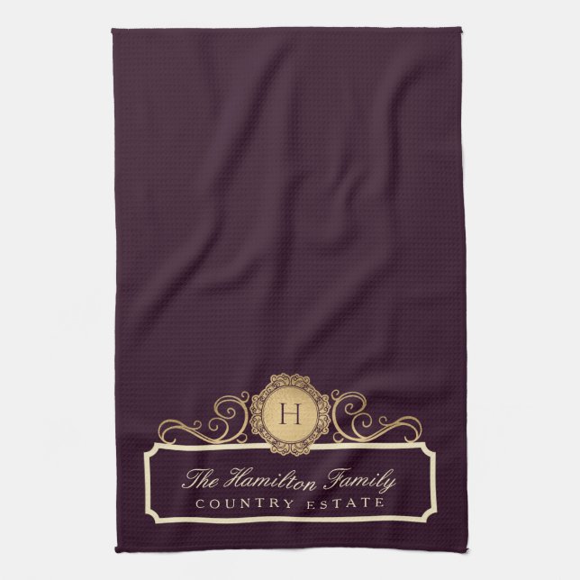 Elegant Family Home Monogram Burgundy Plum Wine Kitchen Towel (Vertical)