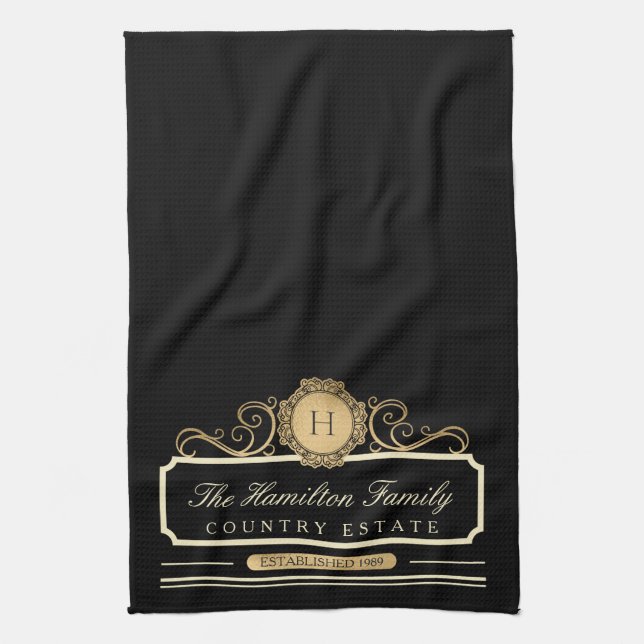 Elegant Family Home Monogram Gold Black Kitchen Kitchen Towel (Vertical)