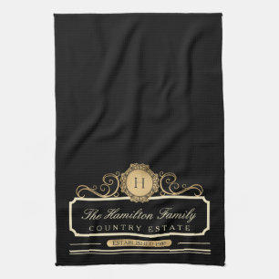 Elegant Family Home Monogram Gold Black Kitchen Towel