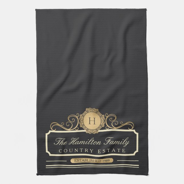 Elegant Family Home Monogram Gold Charcoal Kitchen Kitchen Towel (Vertical)
