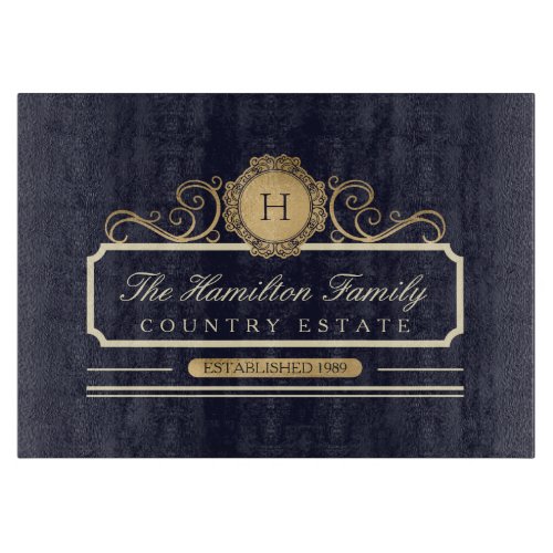 Elegant Family Home Monogram Gold Navy Cutting Board