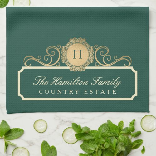 Elegant Family Home Monogram Heritage Green Kitchen Towel