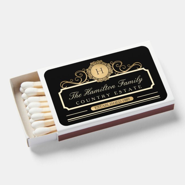 Elegant Family Home Name Gold Black White Matchboxes (Front Open)