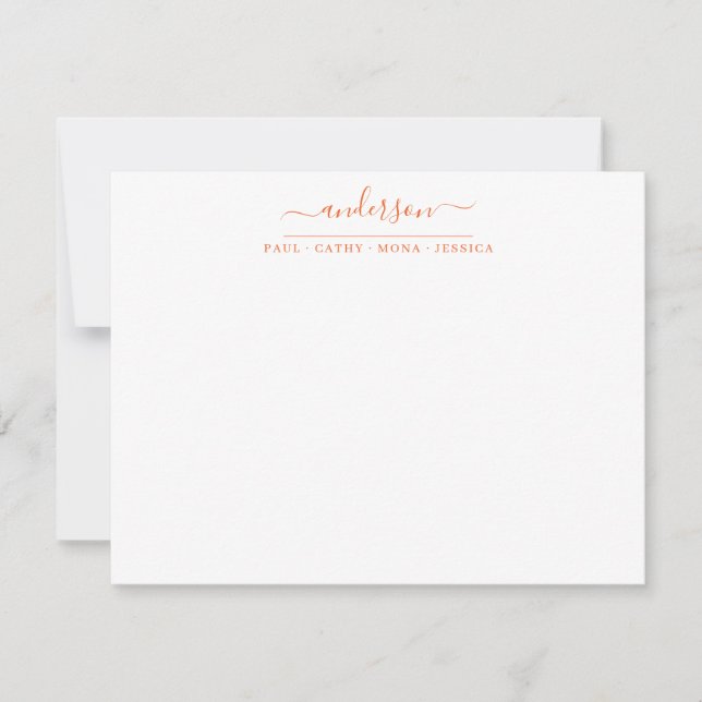Elegant Family Last Name Orange Script Calligraphy Note Card (Front)