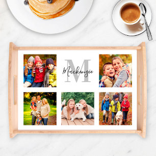 Elegant Family Monogram Custom Photo Collage Serving Tray