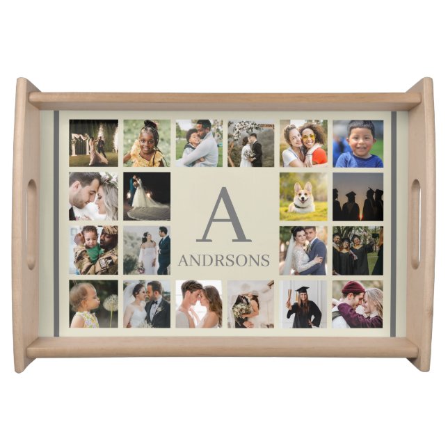 Elegant Family Monogram Custom  Photo Collage Serving Tray (Front)