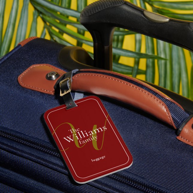 Elegant Family Monogram dark red Luggage Tag (Front Insitu 1)