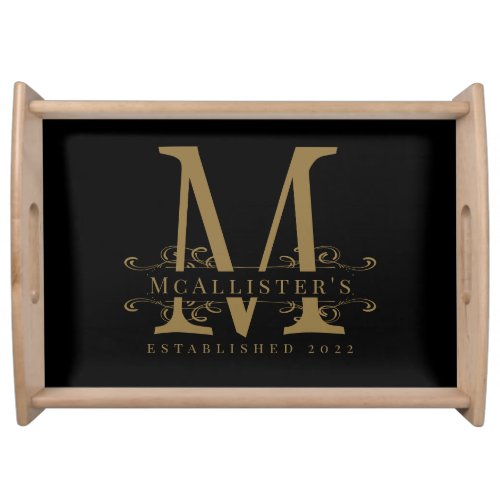 Elegant Family Name Black Gold Monogram  Serving Tray