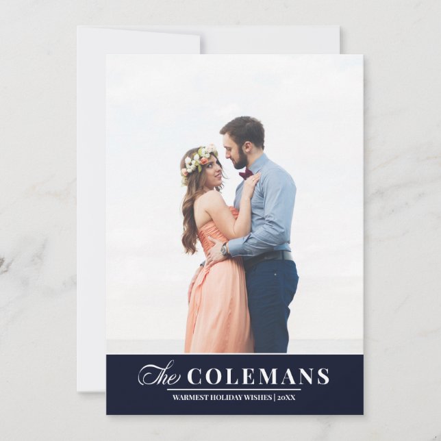 Elegant family name Blue | Holiday vertical photo Card (Front)