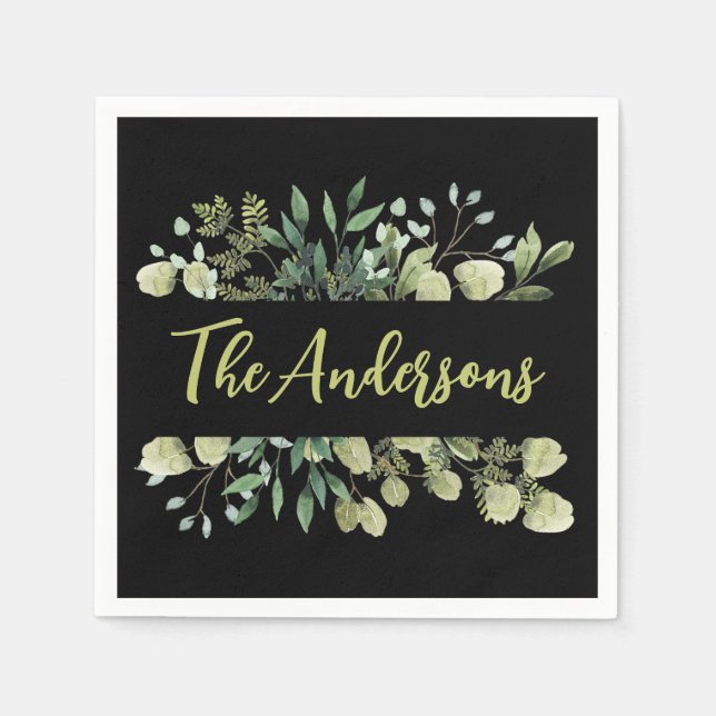 Elegant family name botanical leaves bunch black napkins (Front)