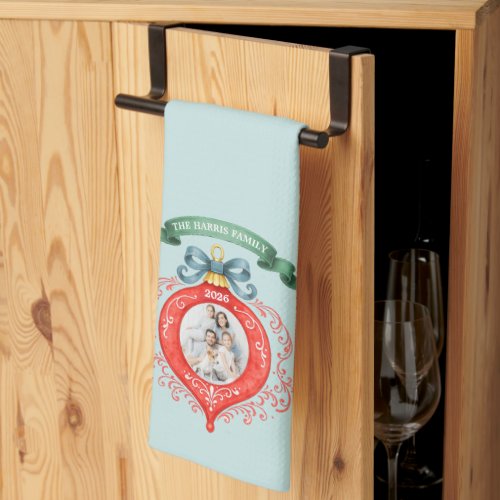 Elegant Family Name Christmas Photo Kitchen Towel