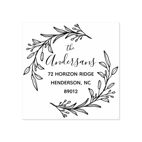 Elegant Family Name Floral Wreath Return Address Rubber Stamp