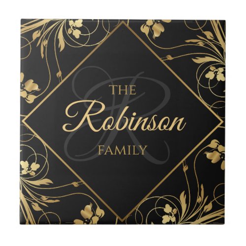 Elegant Family Name Monogram Black and Gold Floral Ceramic Tile