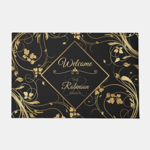 Elegant Family Name Monogram Black and Gold Floral Doormat