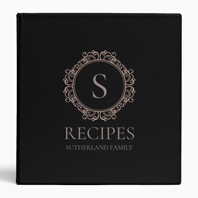 Elegant Family Name Monogram Black Recipe 3 Ring Binder (Front)
