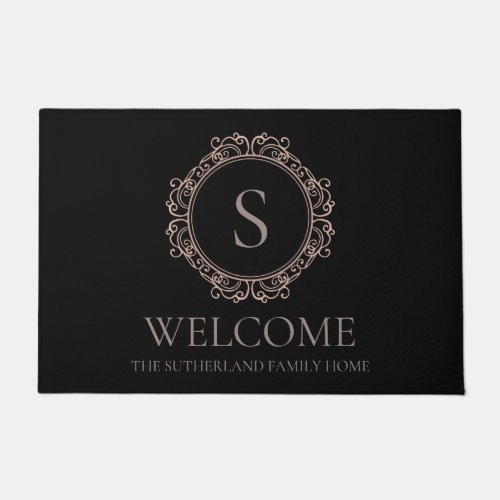 Elegant Family Name Monogram Black Welcome Doormat