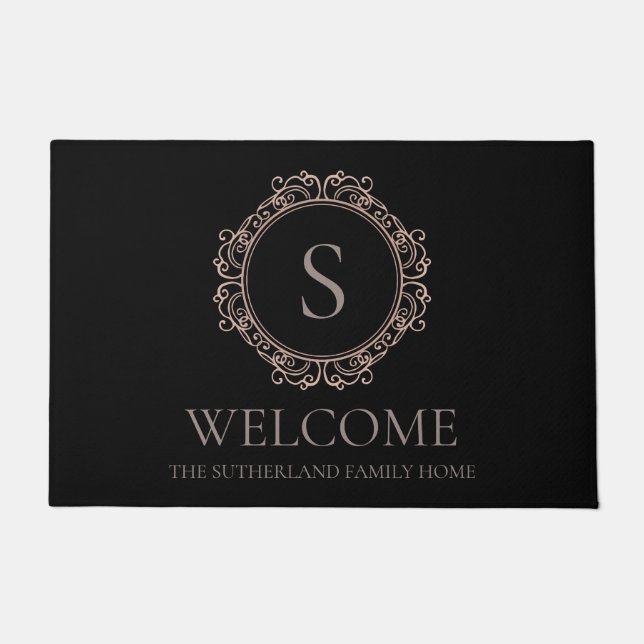 Elegant Family Name Monogram Black Welcome Doormat (Front)