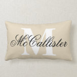 Elegant family name monogram lumbar pillow cushion<br><div class="desc">Elegant family name monogram lumbar pillow, 13 x 21 inch. Customizable beige background color. Chic custom home decor for new house. Cushion with luxurious double sided design. Available for indoor and outdoor like porch, terrace, deck or balcony. Stylish script typography template for surname. Add your own initial letter. Pretty decorations...</div>