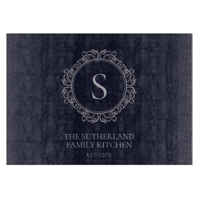 Elegant Family Name Monogram Navy Cutting Board (Front)