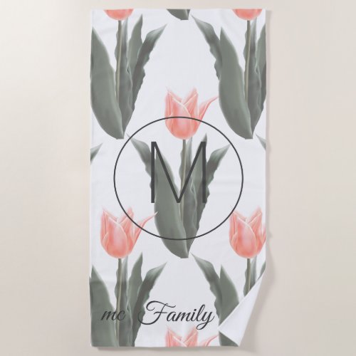 Elegant Family Name Monogram Peach Tulips Painting Beach Towel