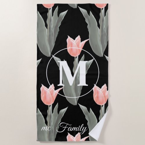 Elegant Family Name Monogram Peach Tulips Painting Beach Towel