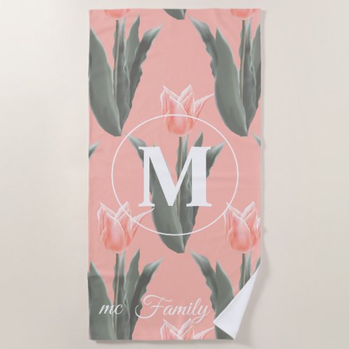 Elegant Family Name Monogram Peach Tulips Painting Beach Towel