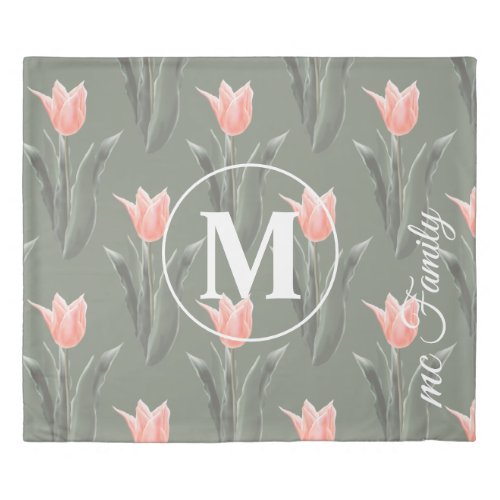 Elegant Family Name Monogram Peach Tulips Painting Duvet Cover