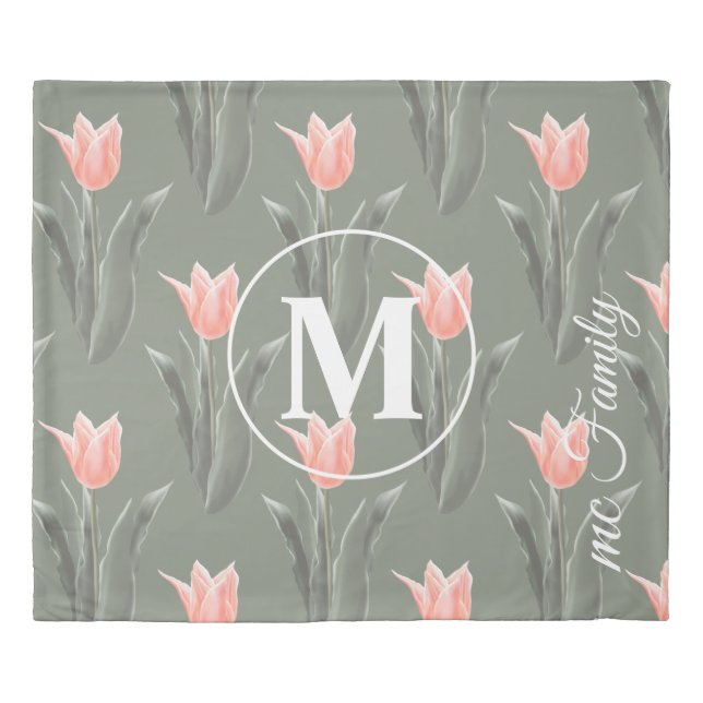 Elegant Family Name Monogram Peach Tulips Painting Duvet Cover (Front)