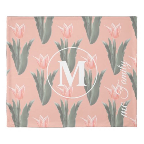 Elegant Family Name Monogram Peach Tulips Painting Duvet Cover