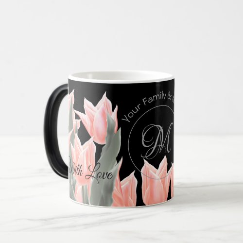 Elegant Family Name Monogram Peach Tulips Painting Magic Mug