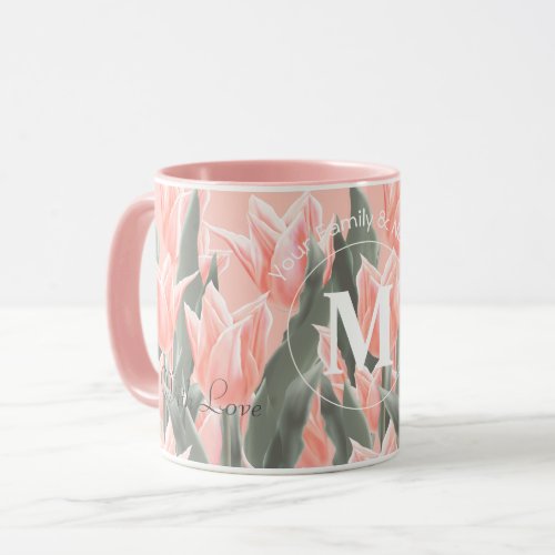 Elegant Family Name Monogram Peach Tulips Painting Mug