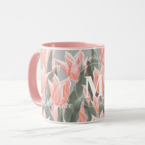 Elegant Family Name Monogram Peach Tulips Painting Mug