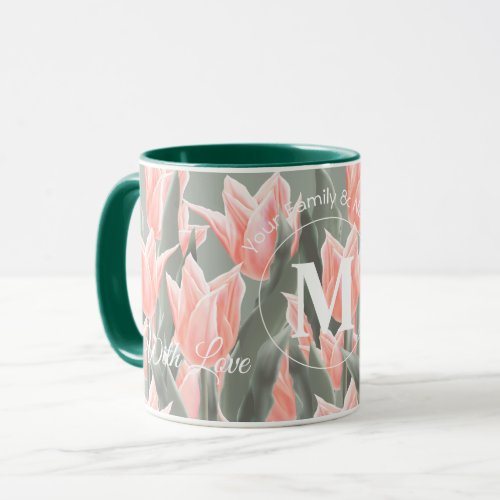 Elegant Family Name Monogram Peach Tulips Painting Mug
