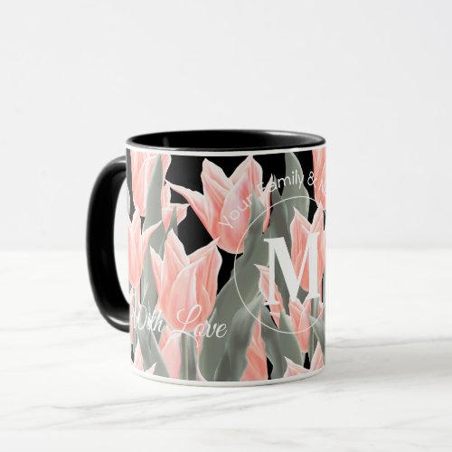 Elegant Family Name Monogram Peach Tulips Painting Mug