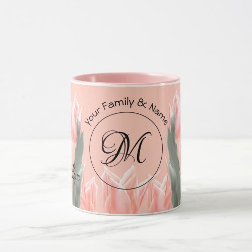 Elegant Family Name Monogram Peach Tulips Painting Mug